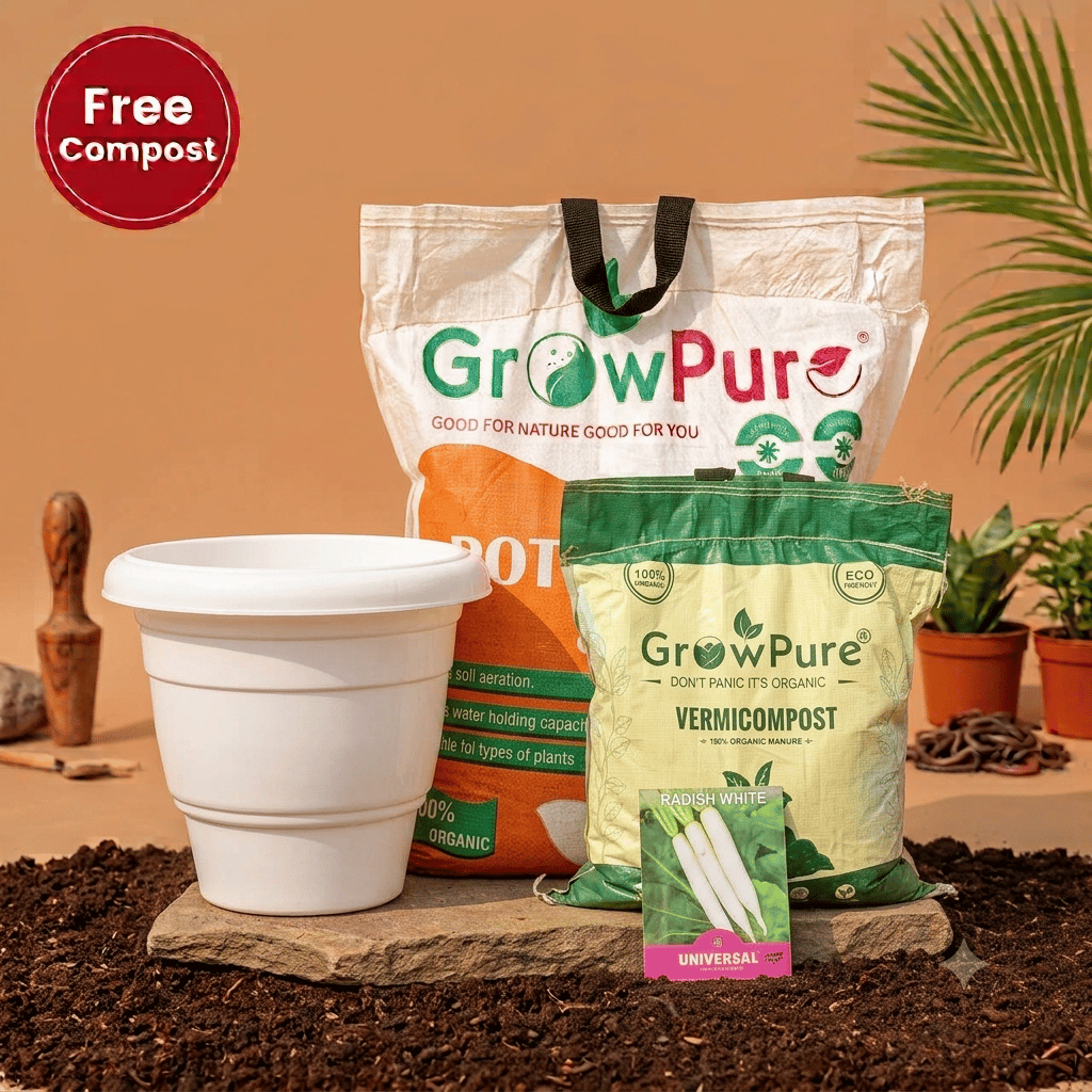 Radish White Planting Kit with FREE VERMICOMPOST | 12 Inch White Classy Plastic Pot, Potting Mix 10 kg & FREE Vermicompost 2 kg