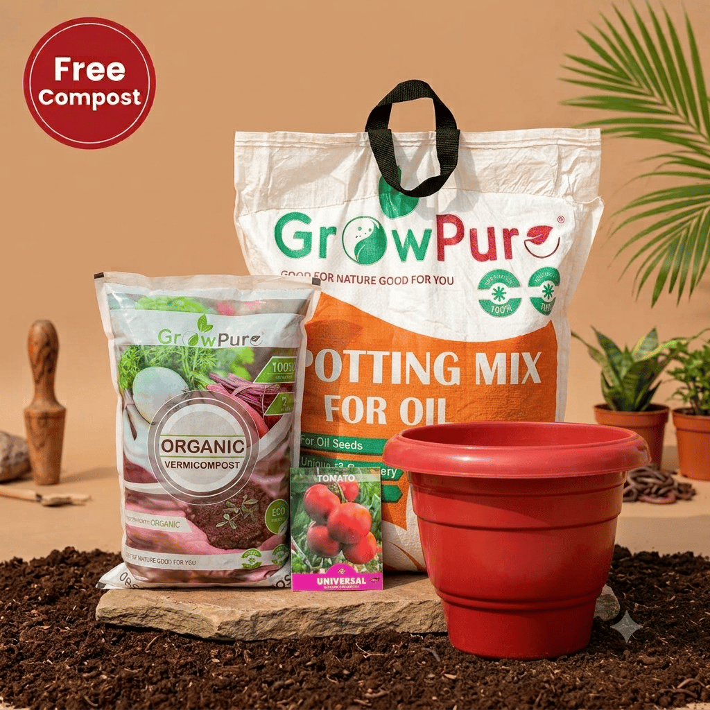 Tomato  Planting Kit with FREE VERMICOMPOST | 12 Inch Terracotta Red Classy Plastic Pot, Potting Mix 10 kg & FREE Vermicompost 2 kg
