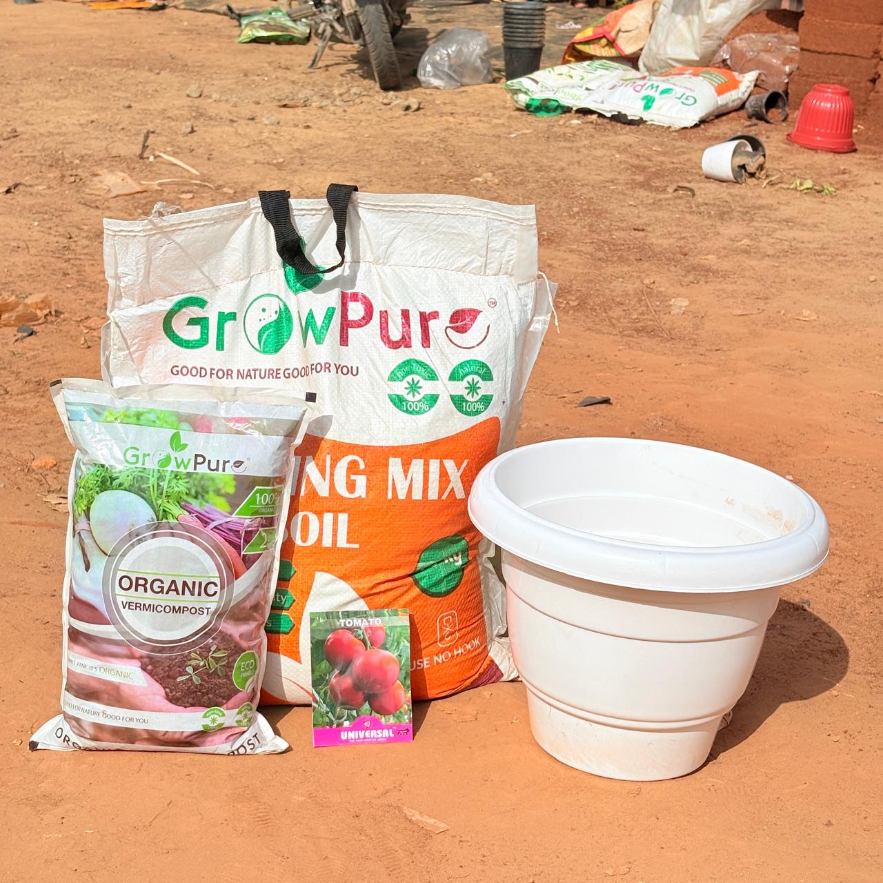 Tomato  Planting Kit with FREE VERMICOMPOST | 12 Inch White Classy Plastic Pot, Potting Mix 10 kg & FREE Vermicompost 2 kg