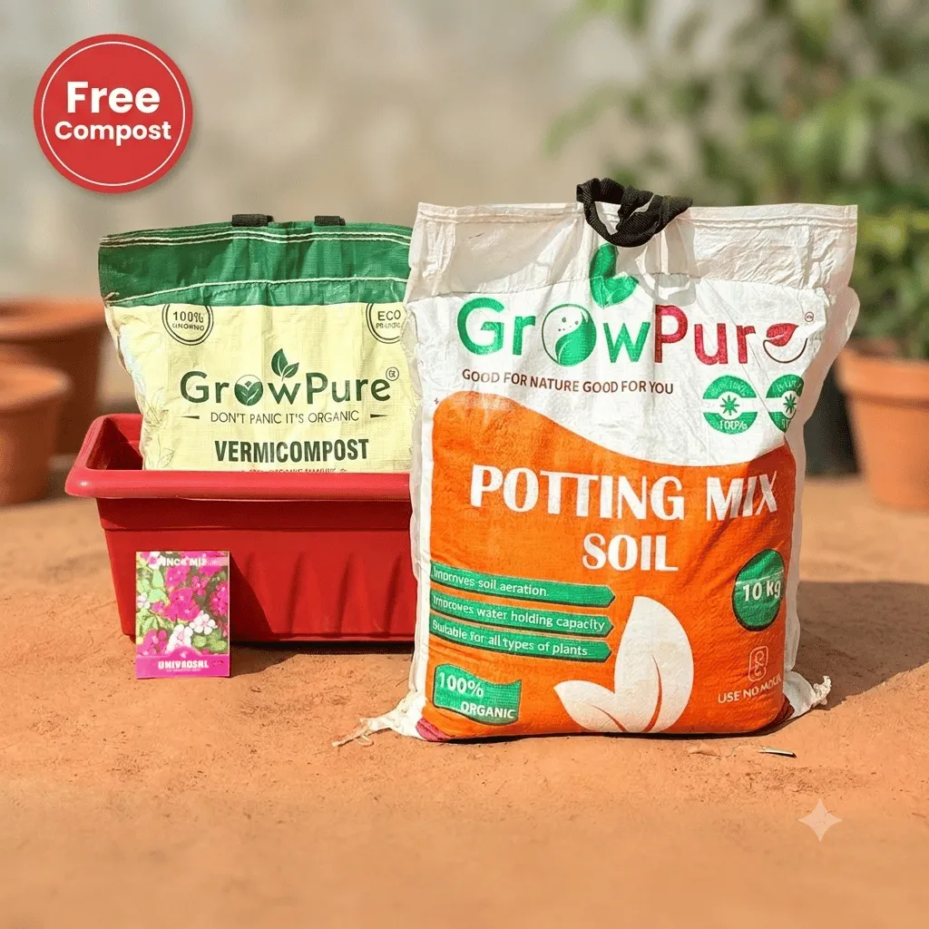 Vinca Planting Kit with FREE VERMICOMPOST | 20 Inch Terracotta Red Premium Supreme Window Plastic Planter, Potting Mix 10 kg & FREE Vermicompost 5 KG