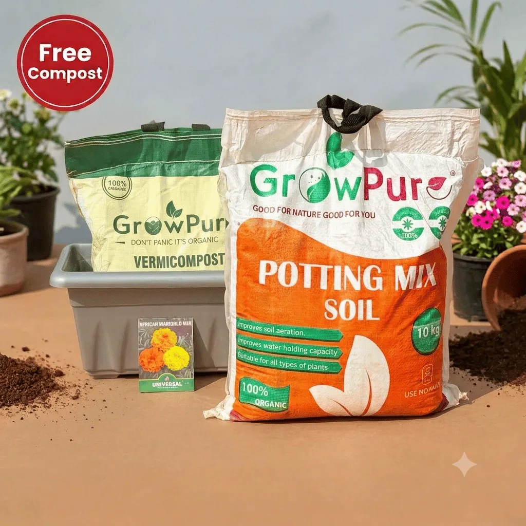 Marigold / Genda Planting Kit with FREE VERMICOMPOST | 20 Inch Grey Premium Supreme Window Plastic Planter, Potting Mix 10 kg & FREE Vermicompost 5 KG