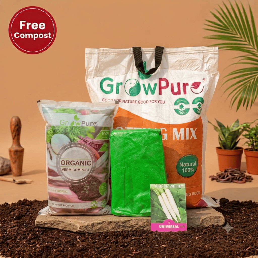 Radish White Planting Kit with FREE VERMICOMPOST | 12 X 12 Grow Bag, Potting Mix 10 kg & FREE Vermicompost 2 kg