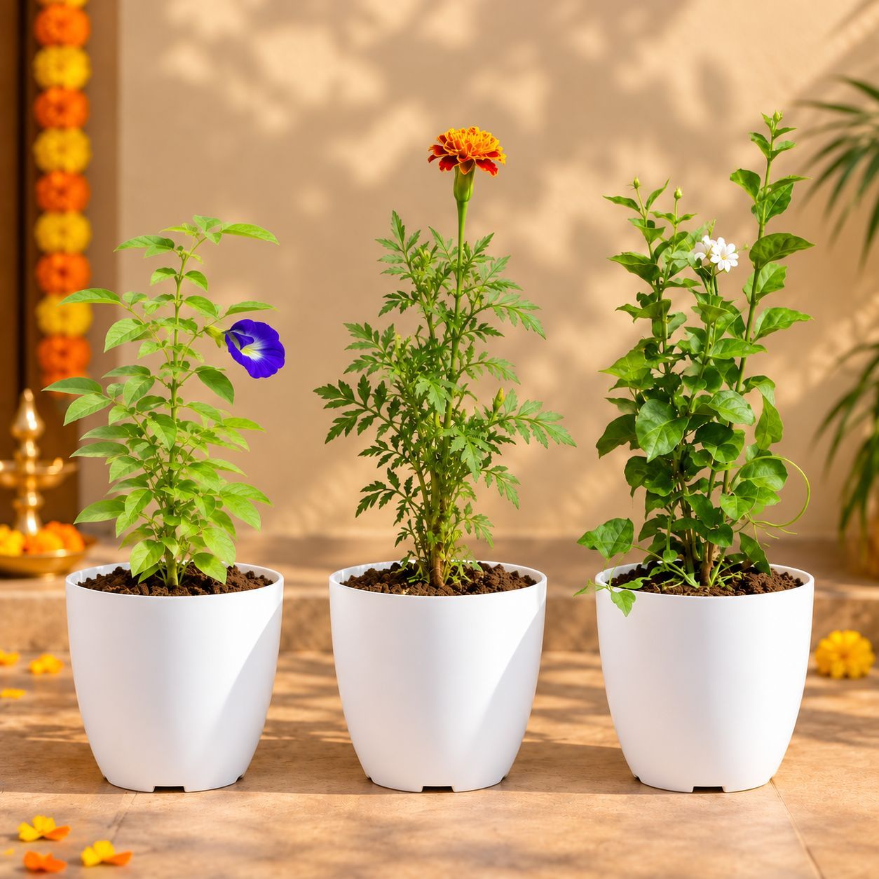 Auspicious Blooming Trio - Set of 3 - Aparajita, Marigold & Jasmine in 6 Inch Orchid Plastic Pots