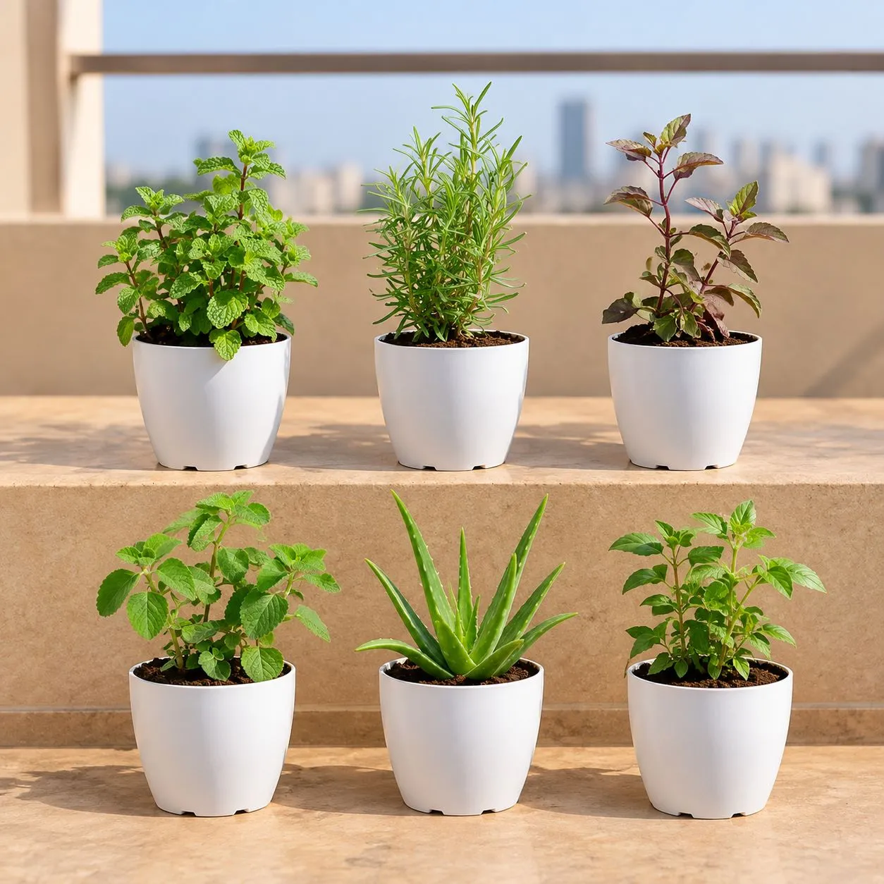 Ready to Move In Herb & Wellness Collection - Set of 6 - Mint / Pudina, Rama Tulsi, Rosemary, Shyama Tulsi, Ajwain / Carom Plant, Aloe Vera in 6 Inch White Premium Orchid Round Plastic Pot