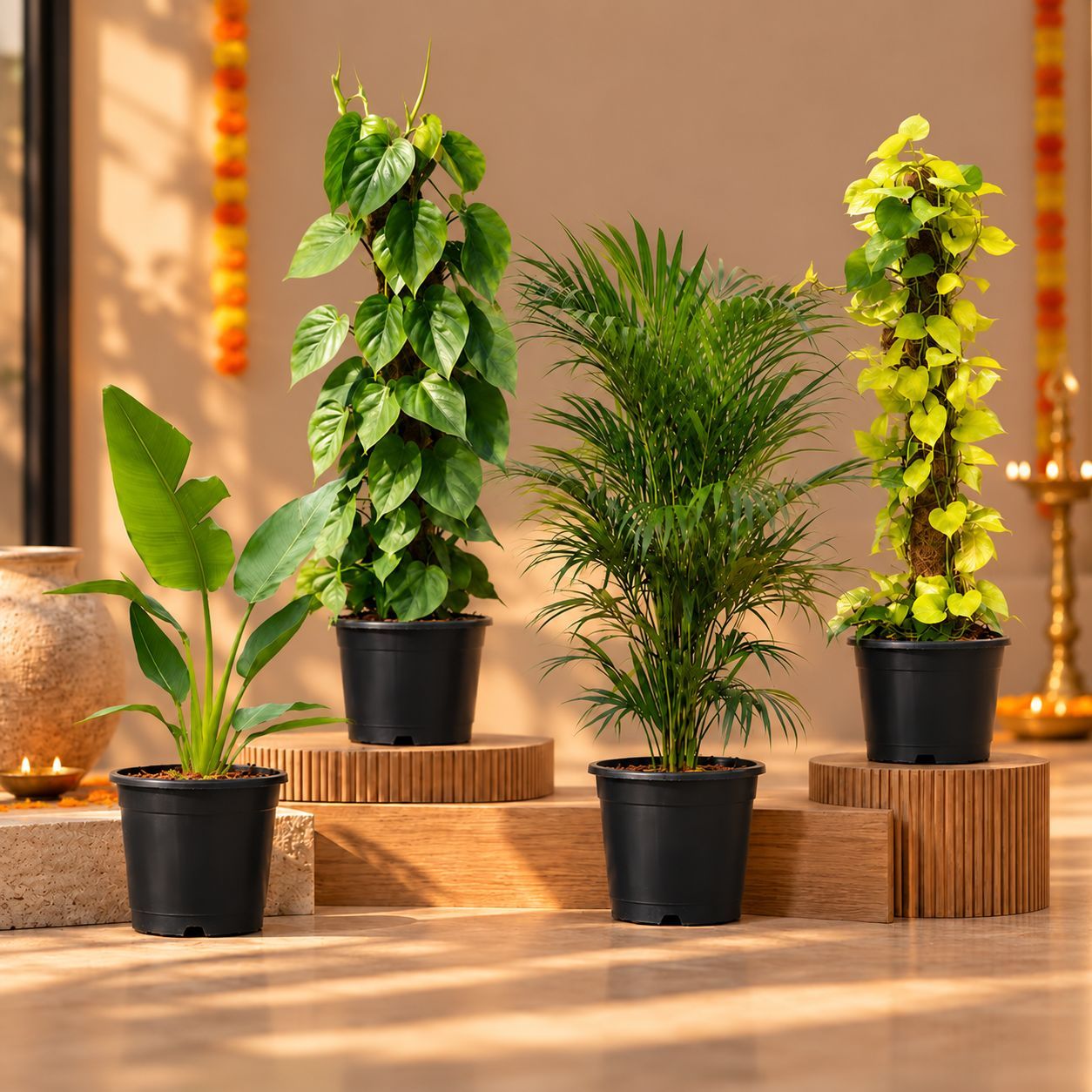 Festive Premium Greens - Set of 4 - Traveller Palm, Oxycardium Green, Bushy Areca Palm & Money Plant Golden 10 Inch Nursery Pot | Large Statement Plants