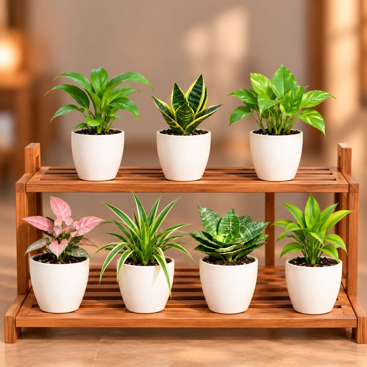 Ready To Move In Table Top Plants - Set of 7 - Peace Lily, Snake Plant Golden, Money Plant Green, Syngonium Pink, Spider, Snake Dwarf Green & Lucky Bamboo Green in 4 Inch White Orchid Plastic Pots | Decorative Indoor Plants