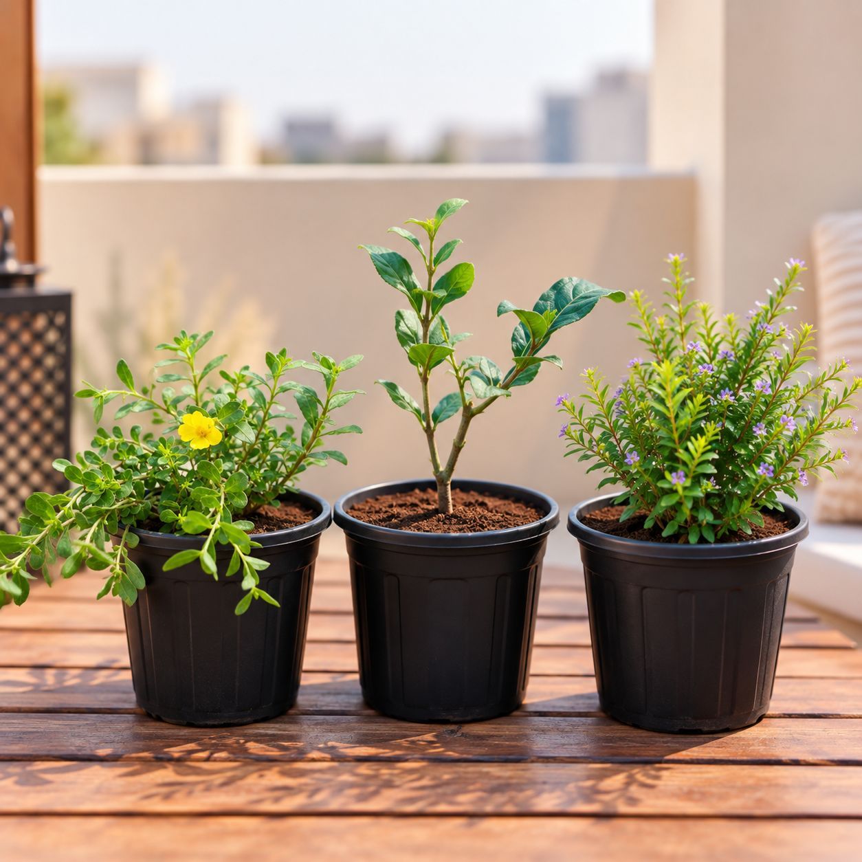 Outdoor Plants - Set of 3 - Cuphea / False Heather, Portulaca Moss Rose (any colour) & Mogra / Jasmine in 6 inch Black Nursery Pot| Flowering Collection