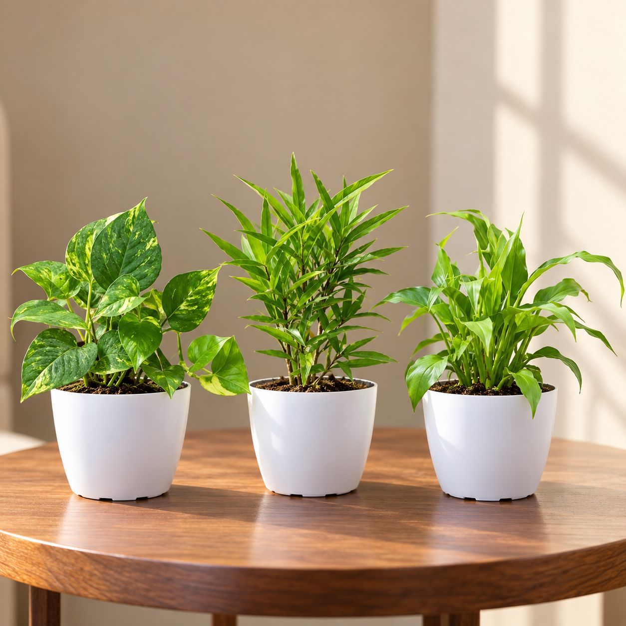 Good Fortune Pack - Set of 3 - Money Plant Green, Sukh Shanti & Peace Lily in 4 Inch White Orchid Plastic Pot