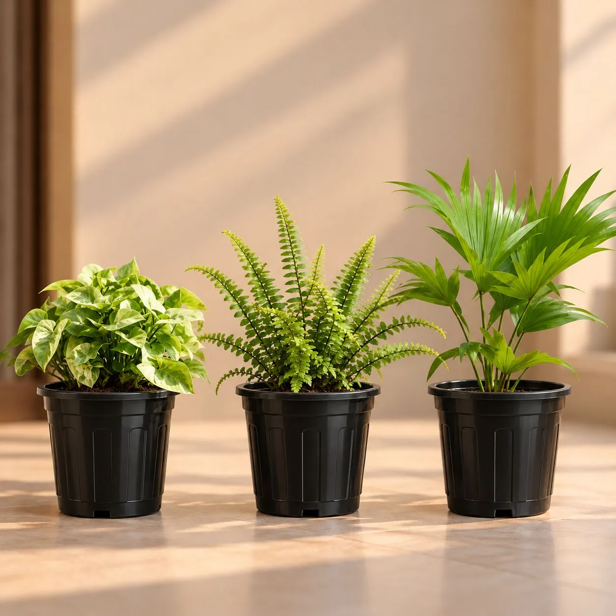Air Purifying Indoor Plants Combo - Set of 3 - Syngonium Green, Fern & China Palm in 6 Inch nursery Plastic Pot