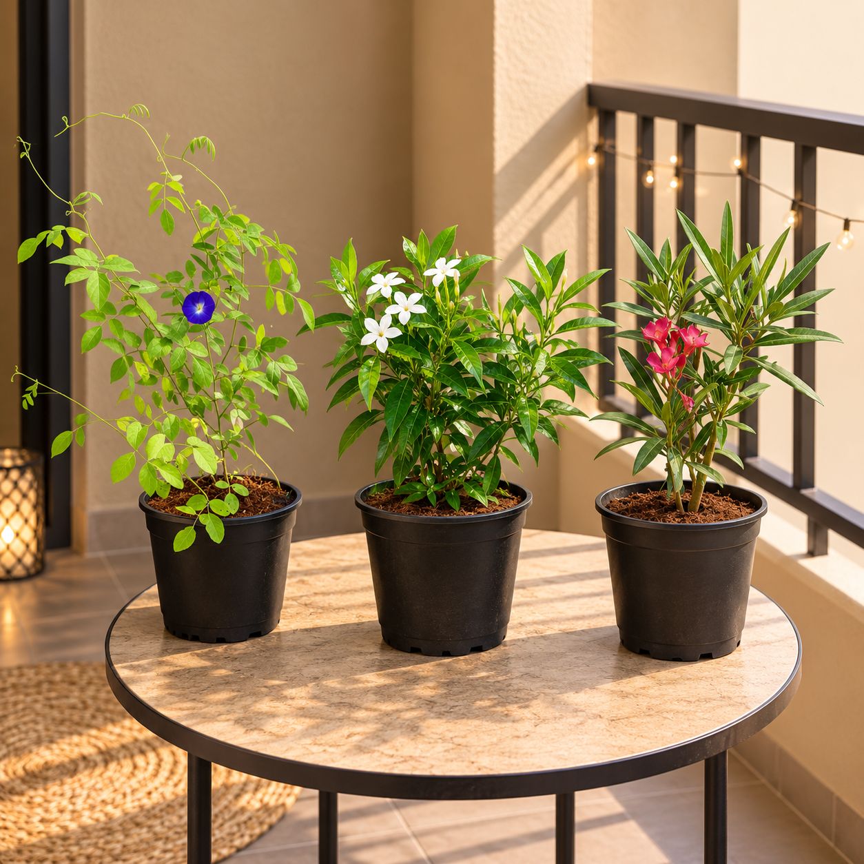 Festive Floral Charm - Aparajita, Chandni Dwarf & Kaner / Oleander in 6 Inch Nursery Pots