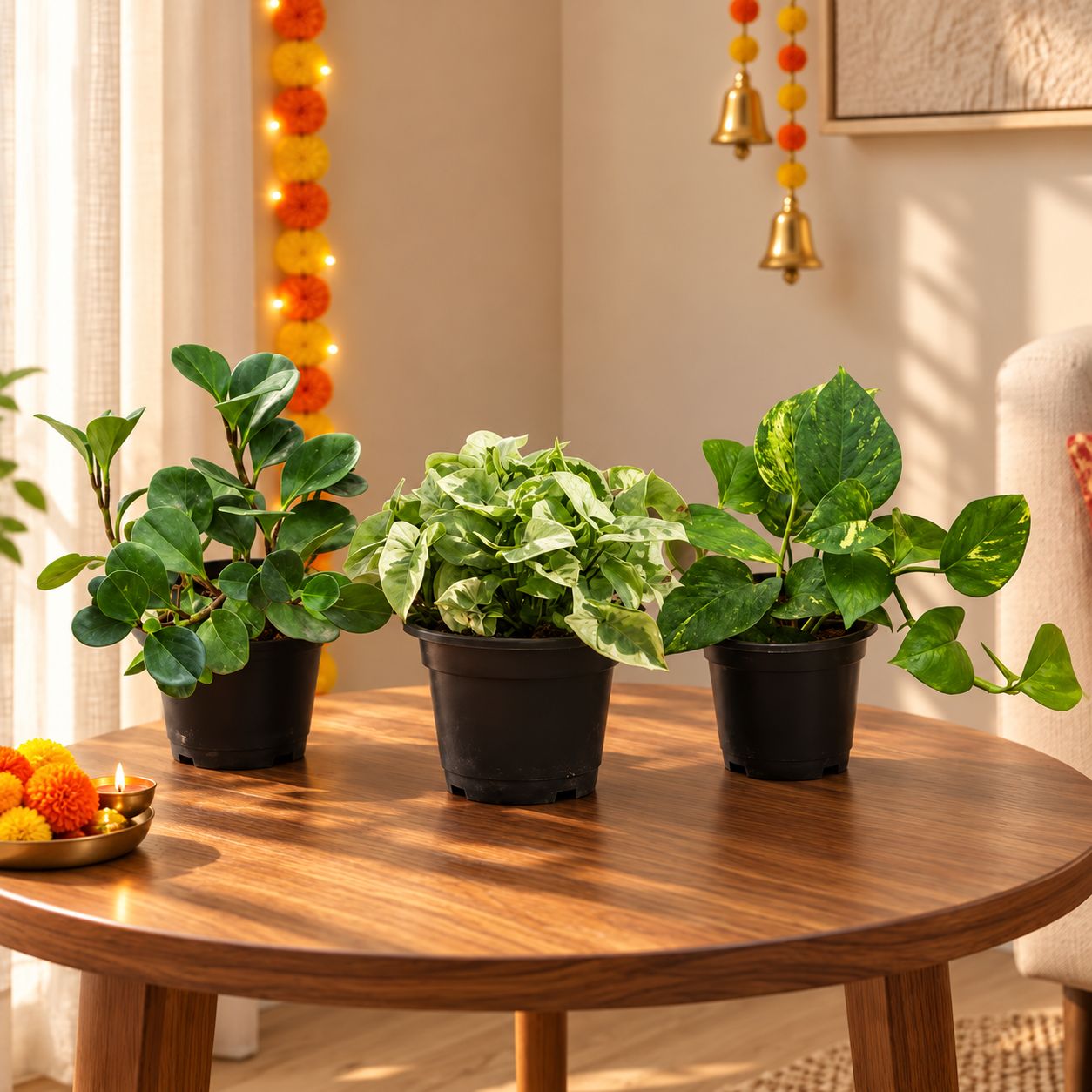 Indoor Greens Trio - Set of 3 Indoor Plants - Money Plant Green, Peperomia / Baby Rubber Green & Syngonium Green in 4 inch Nursery Pot | Mini Desk Setup