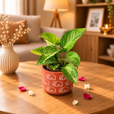 Money Plant Green in 4 Inch Gajraaj Premium Clay Terracotta Planter - in Premium Gifting Box