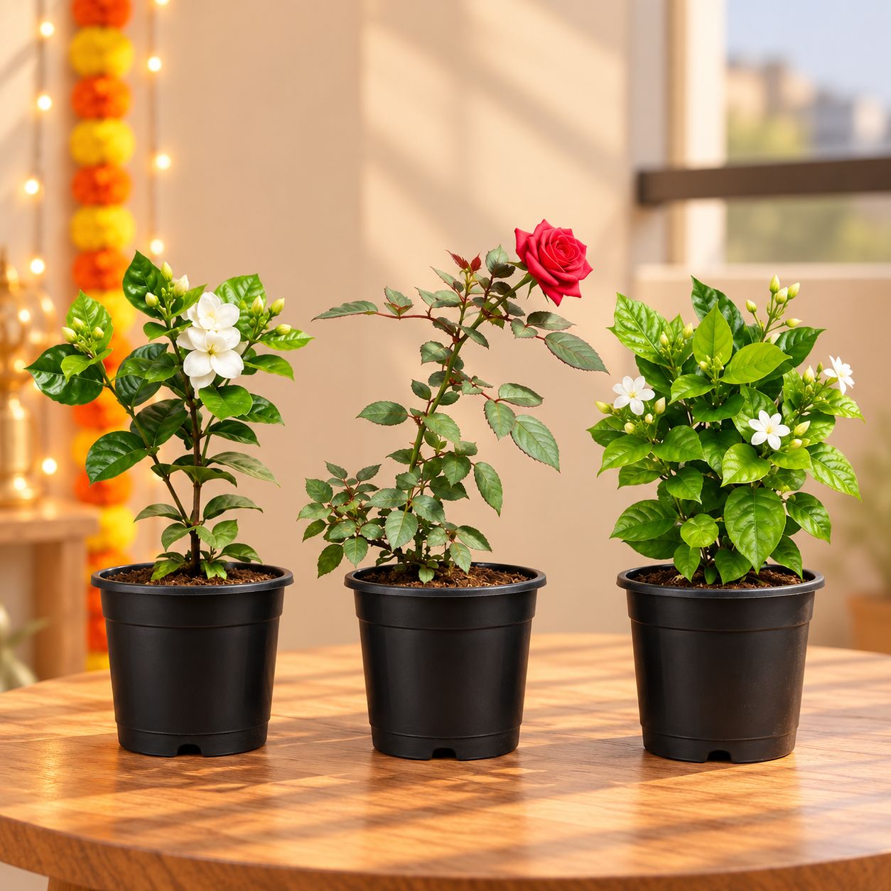 Perennial Flowering Beauties - Set of 3 -  Gardenia / Gandhraj, Rose & Jasmine / Mogra in 6 Inch Nursery Pots
