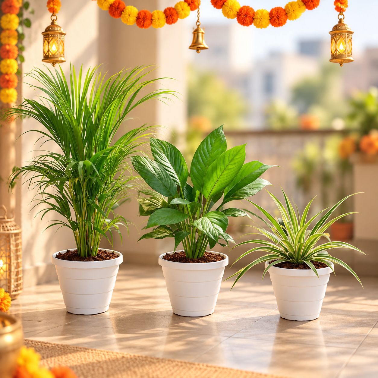 The Breeze & Breathe Set - Set of 3 - Peace Lily, Areca Palm (~ 2.5 Ft) & Spider in 8 Inch Classy White Plastic Pot