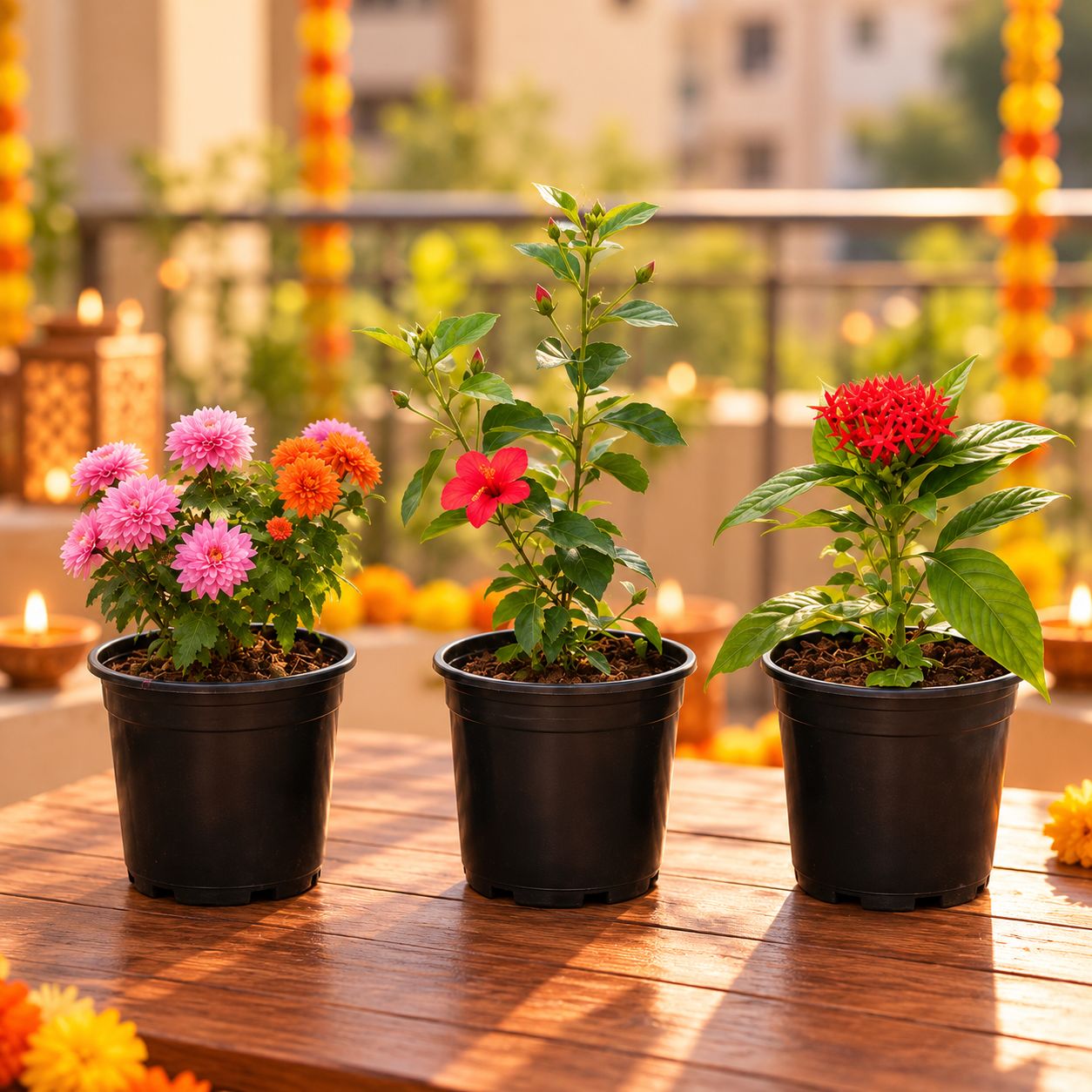 Vibrant Flowering Plants Combo - Set of 3 - Chrysanthemum / Guldawari, Hibiscus Desi & Pentas (any color) in 4 inch Nursery Pot | Outdoor Decor