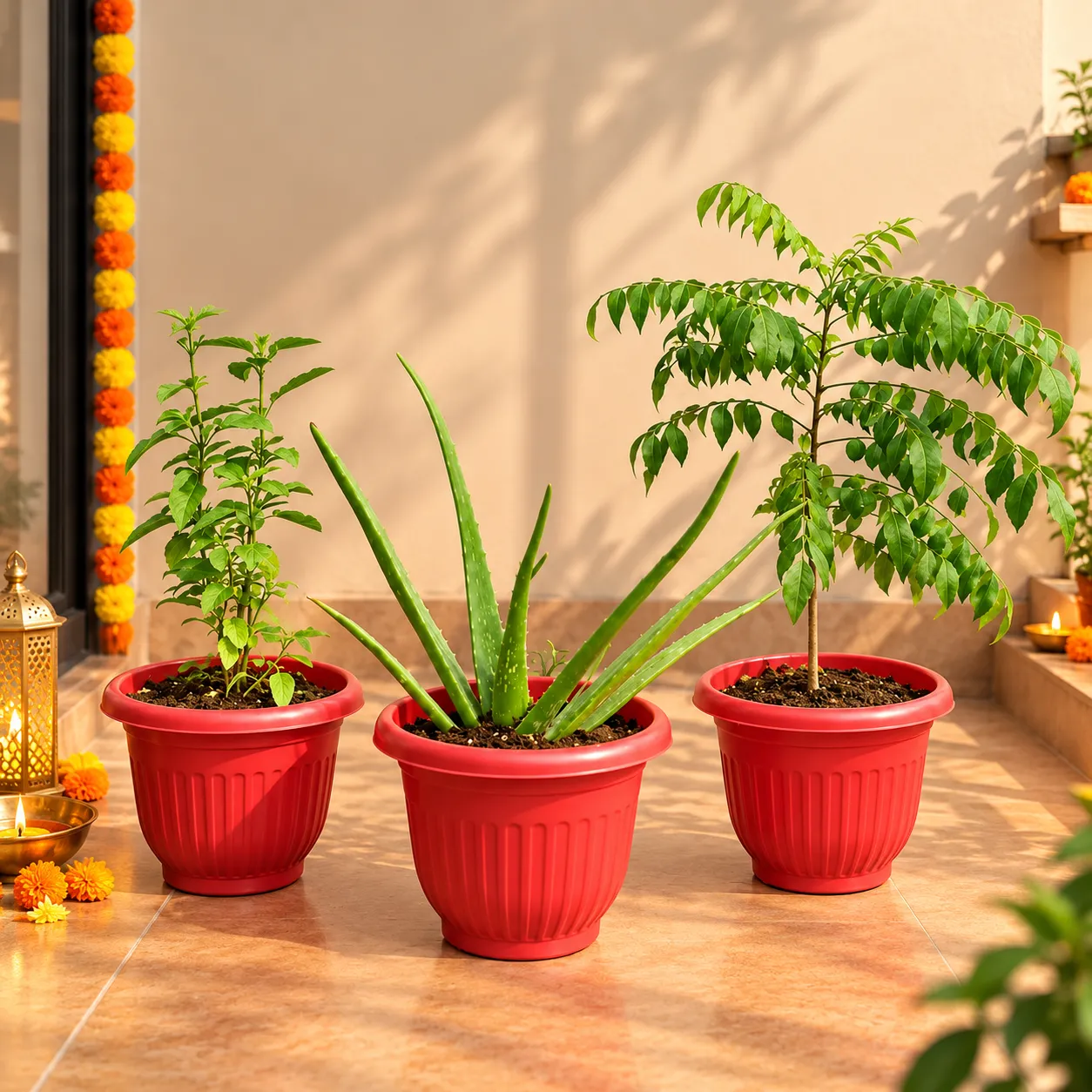Herbs & Wellness Combo - Set of 3 - Curry patta, Aloe vera & Tulsi in 8 Inch Red Olive Plastic Pot
