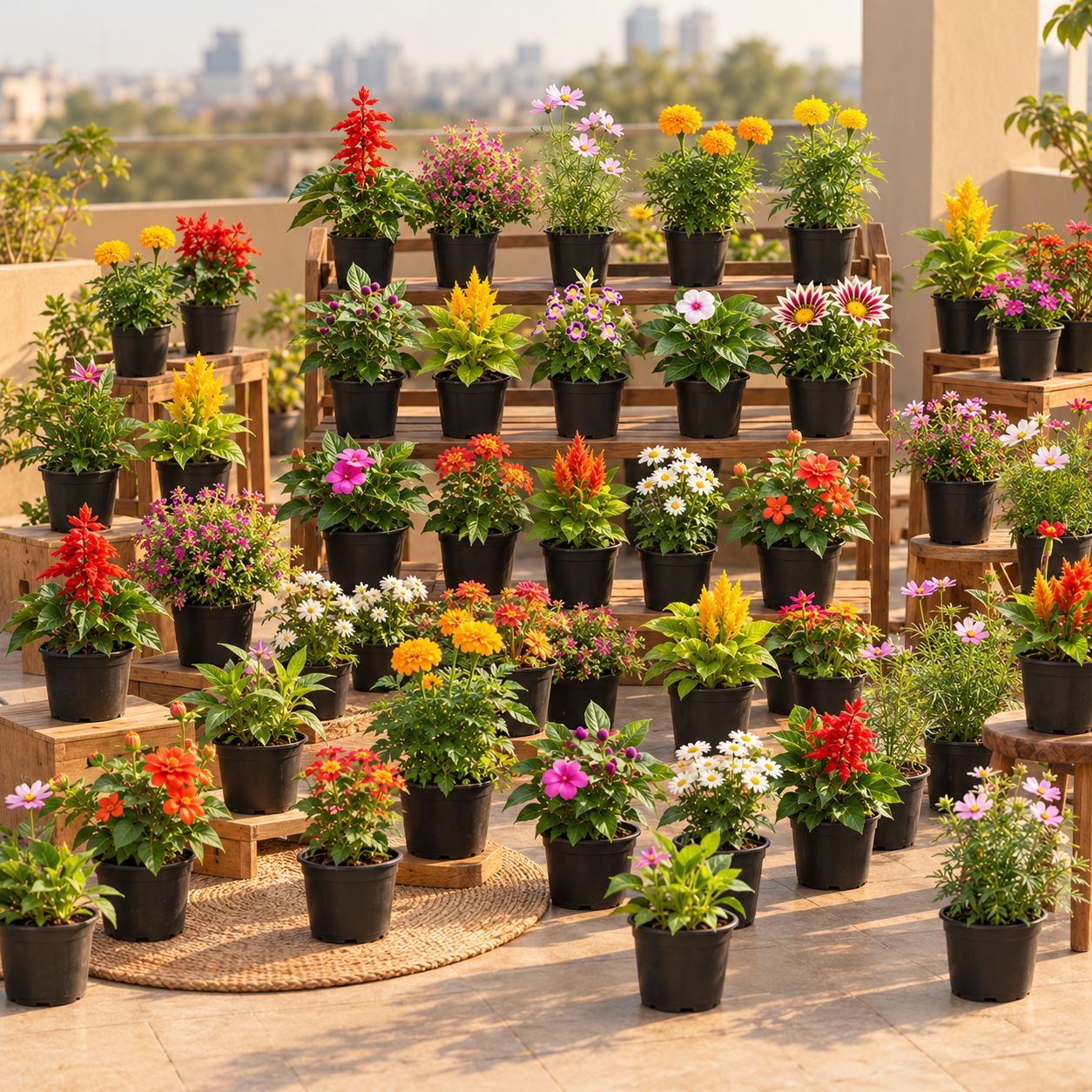 Bloom Color Combo- Set of 50 Assorted Blooming Seasonal Flowers in 4 inch nursery Pots