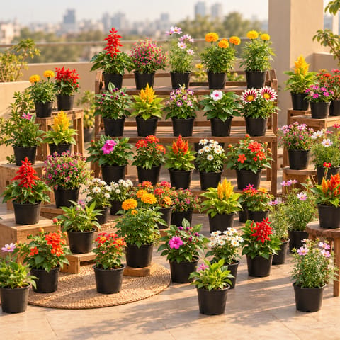 Bloom Color Combo- Set of 50 Assorted Blooming Seasonal Flowers in 4 inch nursery Pots