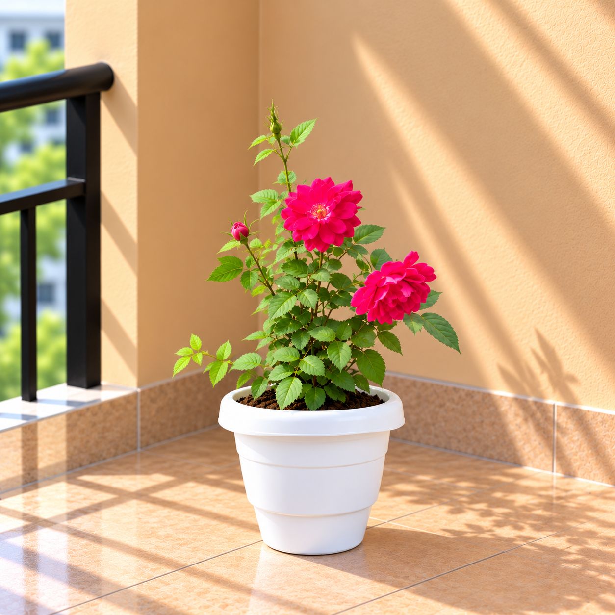 Kashmiri Rose / Gulab Red in 8 Inch White Classy Plastic Pot