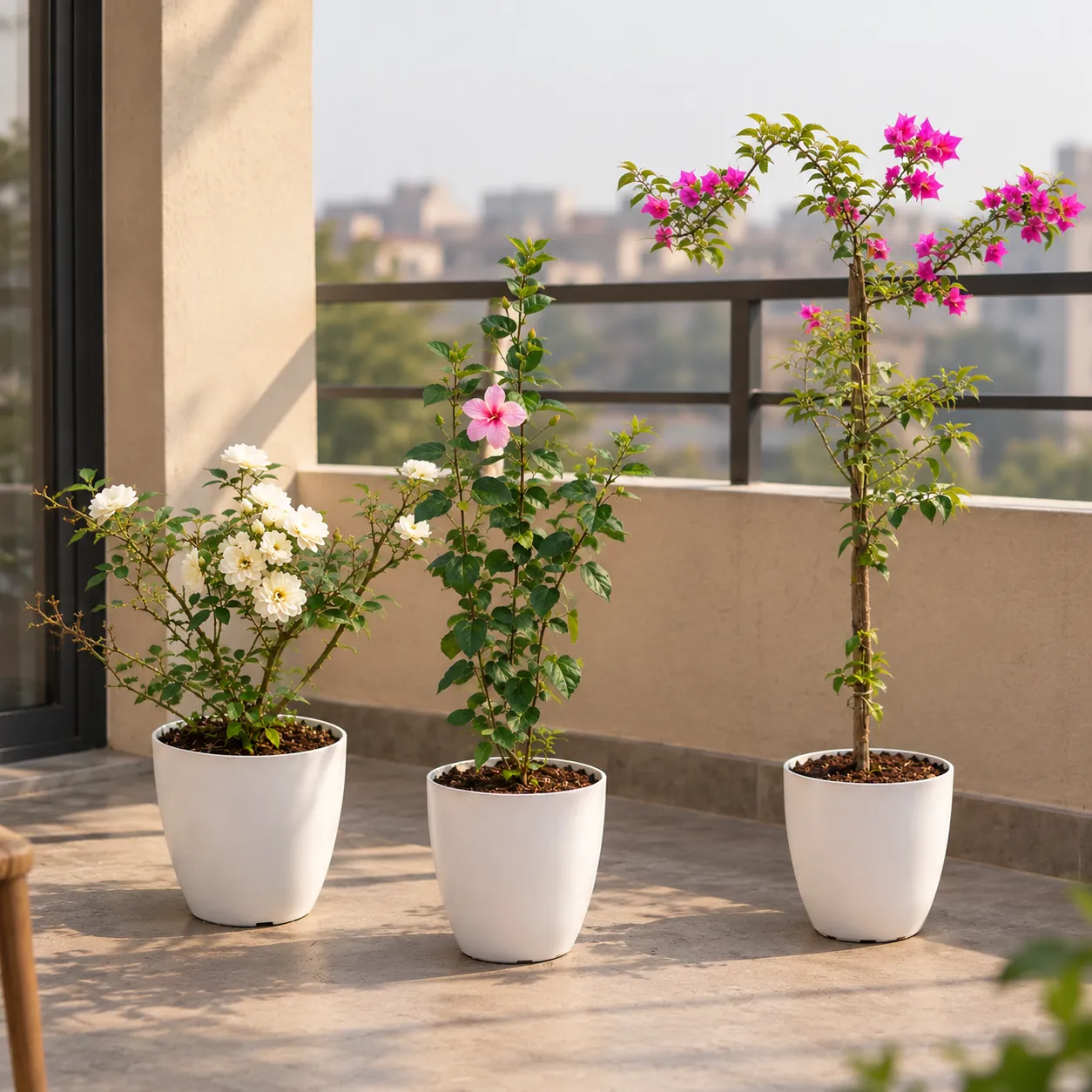 Garden Vibrant Pack - Set of 3 - Button Rose / Gulab (any color), Hibiscus / Gudhal Pink & Bougainvillea Pink in 8 Inch White Premium Orchid Round Plastic Pot