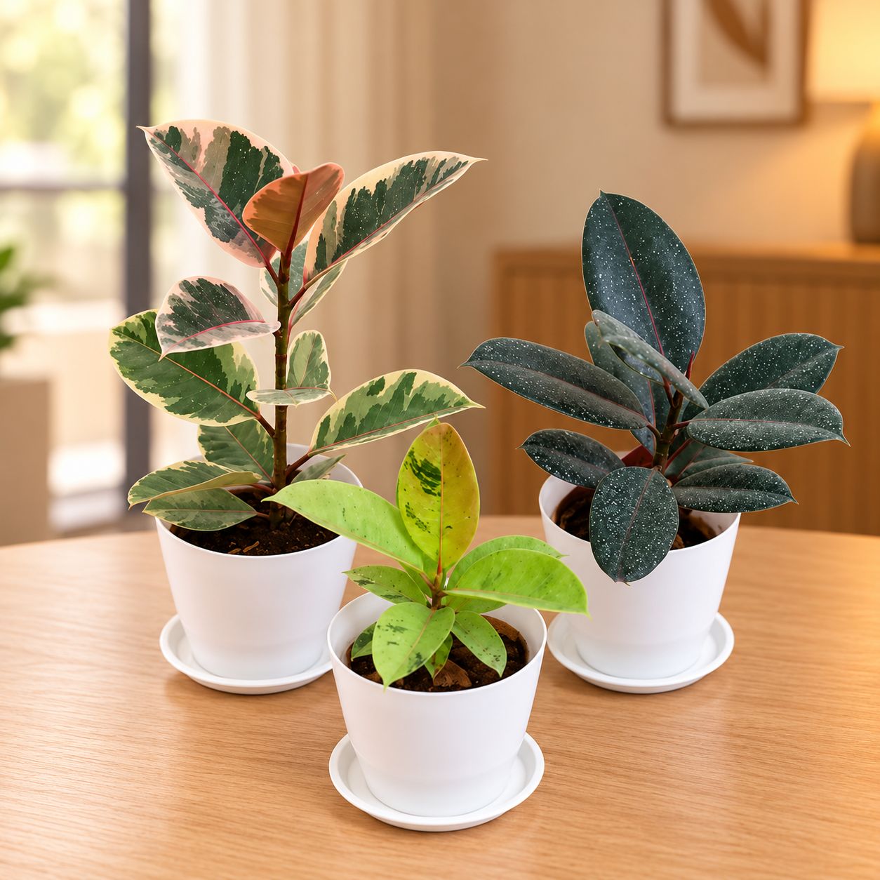 Premium Rubber Luxe - Set of 3 - Rubber (Variegated Pink, Green & Black) in 6 Inch White Premium Orchid Round Plastic Pot