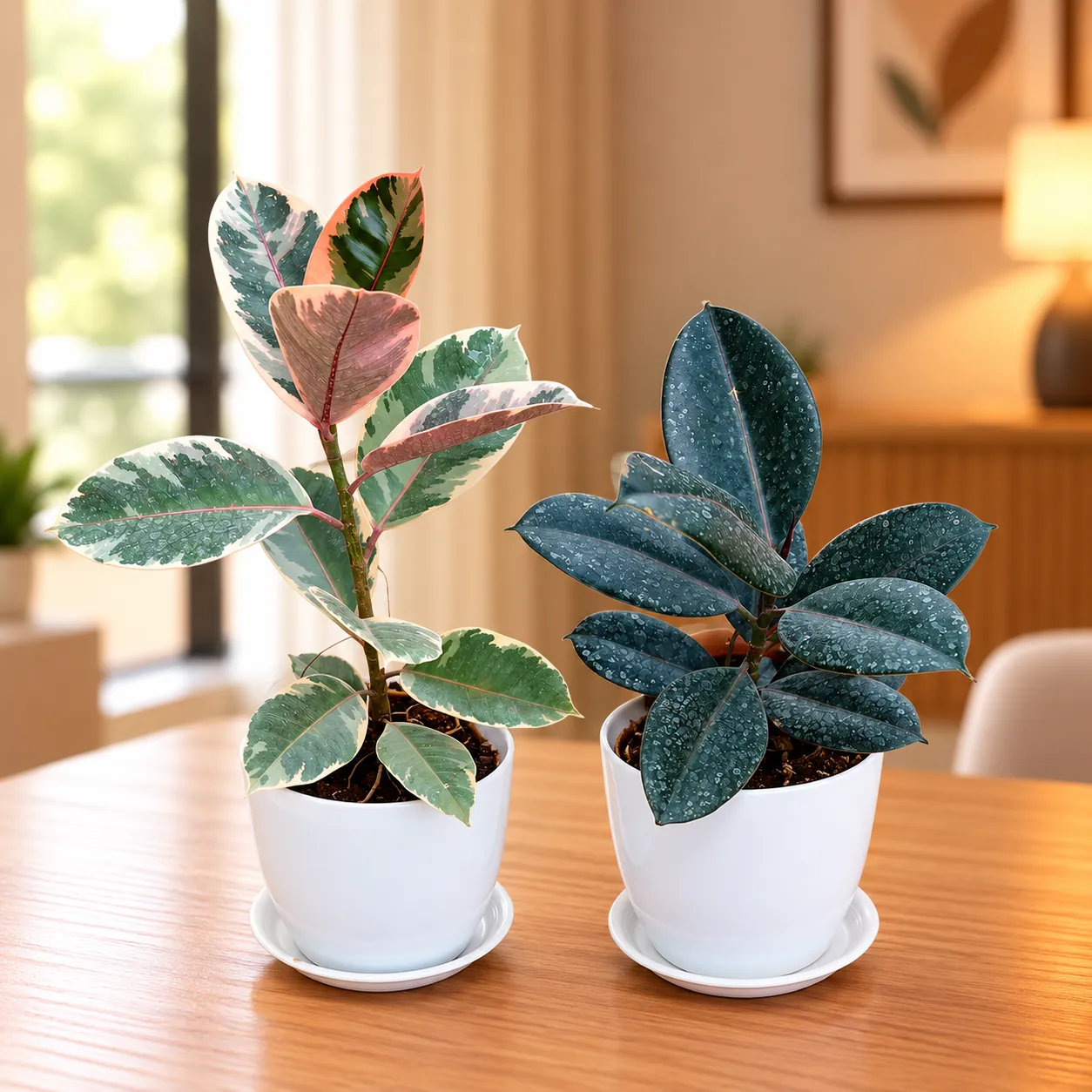 Set of 2 - Rubber (Variegated Pink & Black) in 6 Inch White Premium Orchid Round Plastic Pot