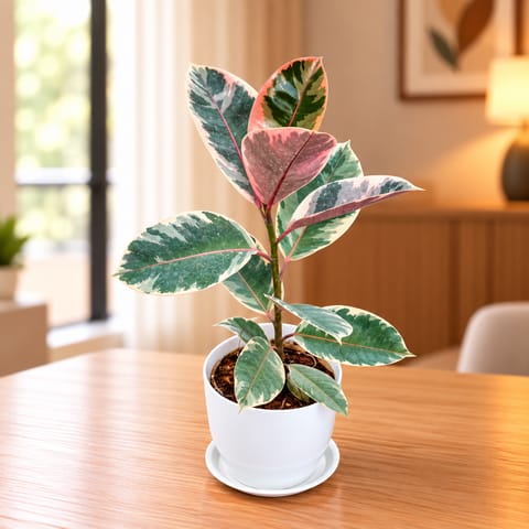 Rubber Variegated Pink in 6 Inch White Premium Orchid Round Plastic Pot