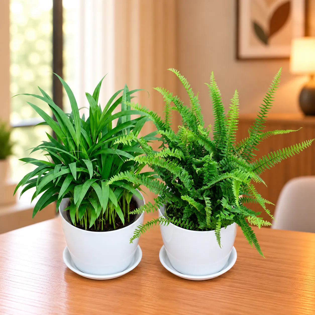 Set of 2 - Areca Palm & green Fern in 6 Inch White Premium Orchid Round Plastic Pot