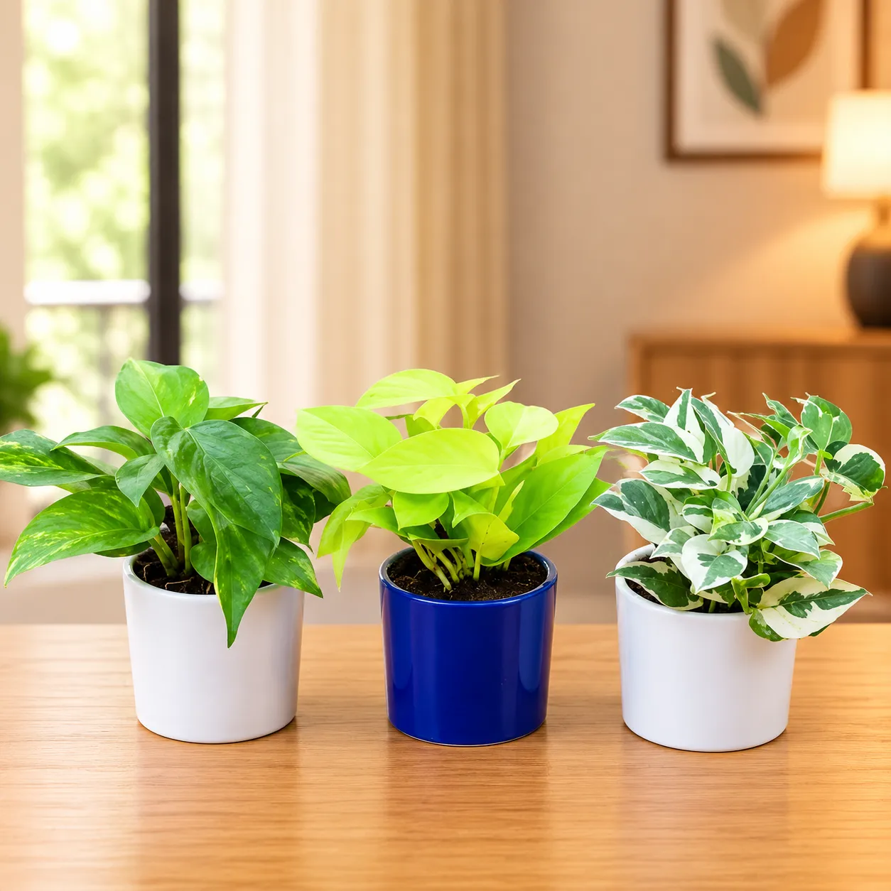 Set of 3 - Money Plant (N'joy, Golden & Green) in 4 Inch White Classy Cup Ceramic Pot
