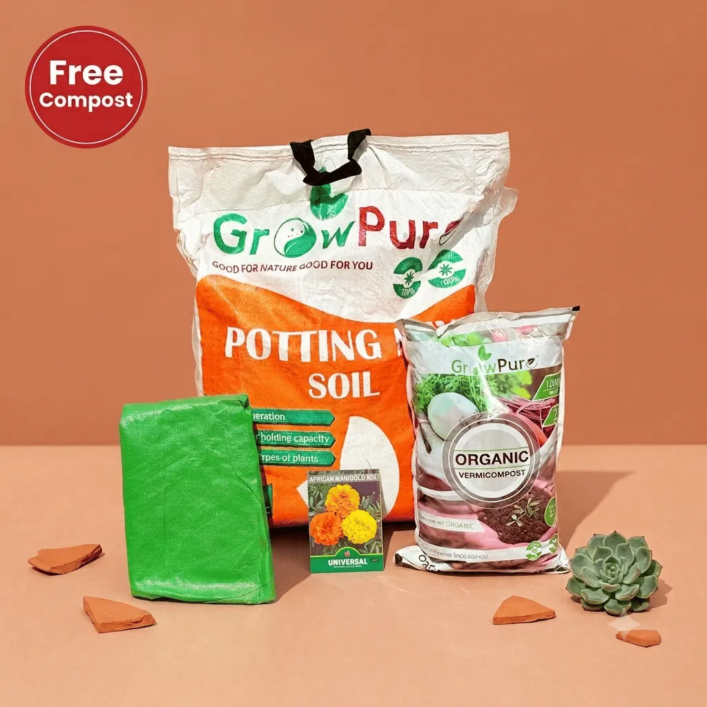 Marigold / Genda Planting Kit with FREE Manure | 18 X 9 Grow Bag, Potting Mix 10 kg & FREE Manure 5 KG (Brands may vary)